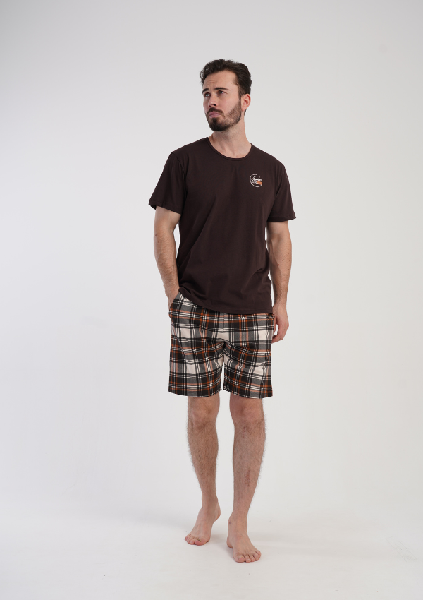 Piżama Męska Vienetta Brown Check, Brązowy, r. 1XL-4XL