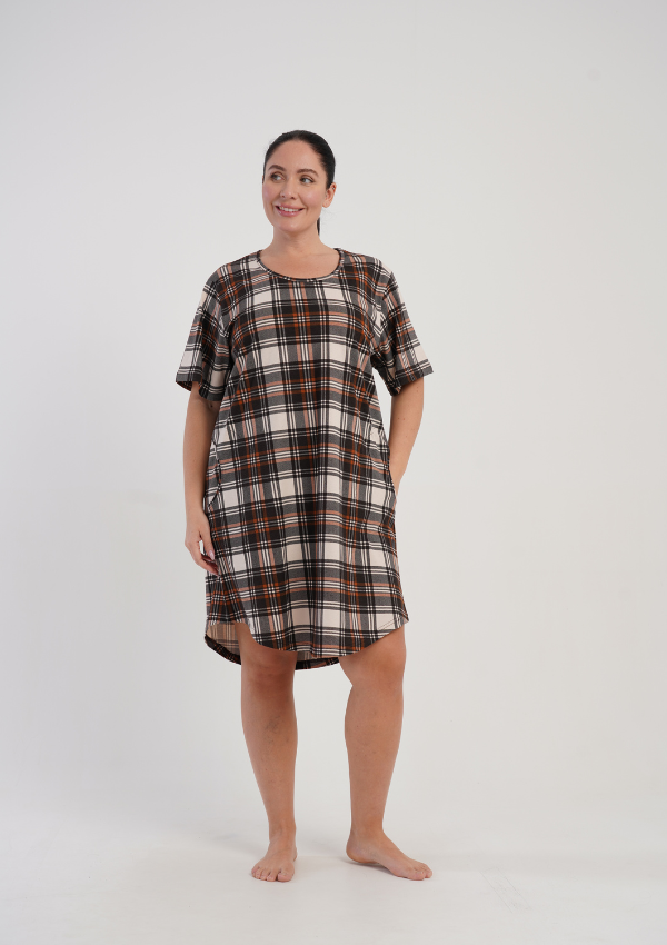 Koszula Nocna Damska Vienetta Classic Check, Brązowy, r. 1XL - 4XL