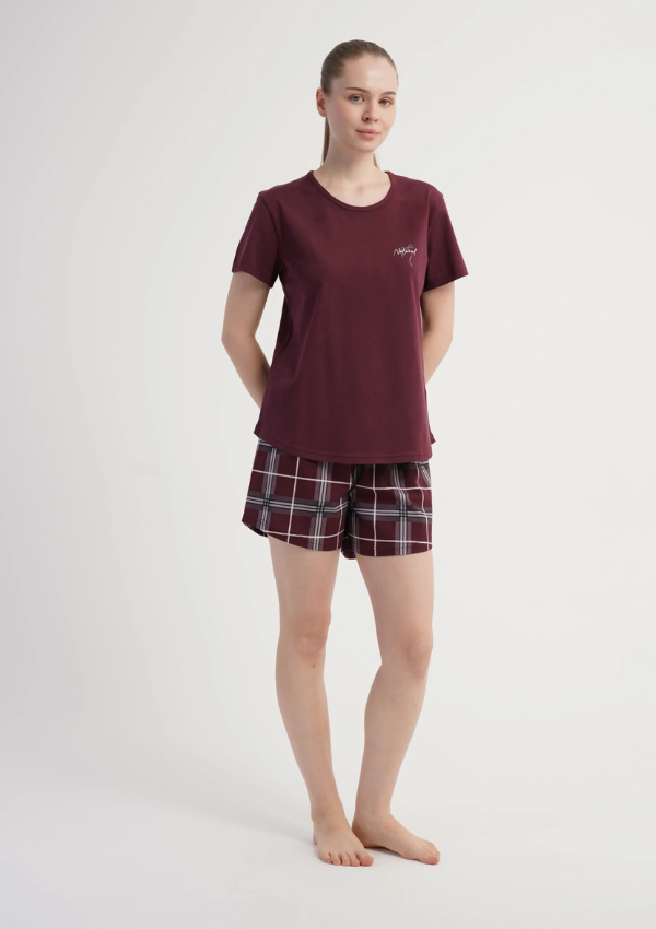 Piżama Damska Vienetta Graphite Check, Bordowy, M -XXL