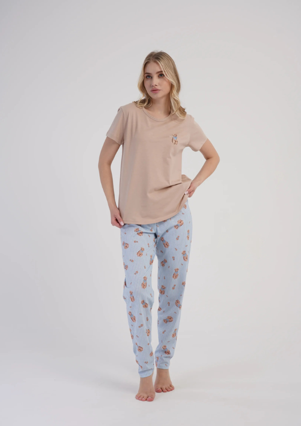 Piżama Damska Vienetta Dog Stripes, Beżowy, r. S-XXL