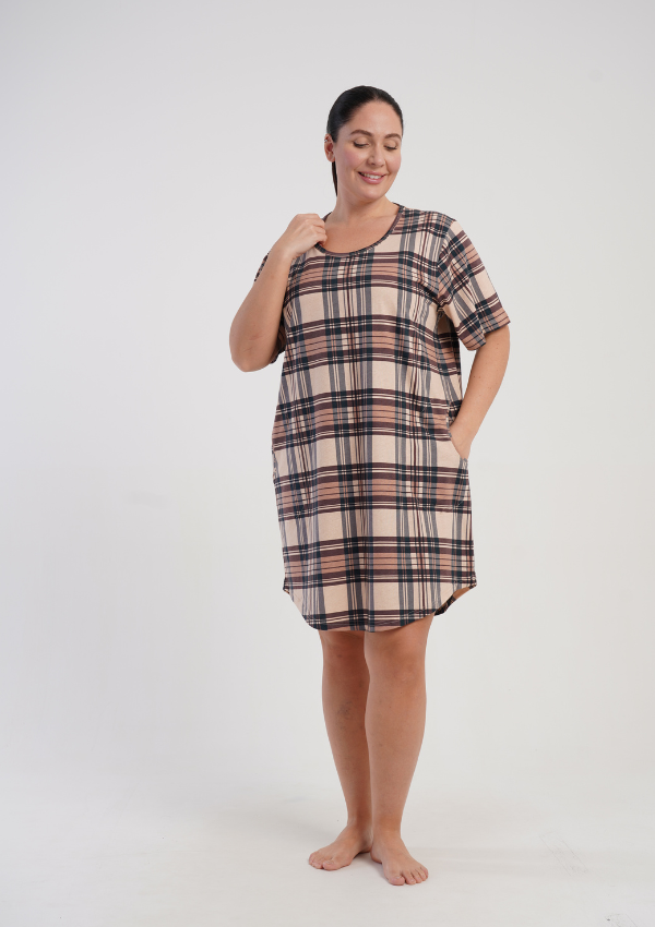 Koszula Nocna Damska Vienetta Classic Check, Brązowy, r. 1XL - 4XL