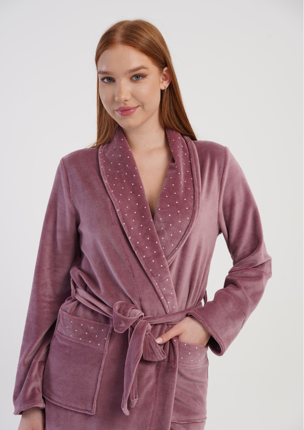Szlafrok damski Welurowy Vienetta Royal Dots, Śliwkowy, r. M-XXL