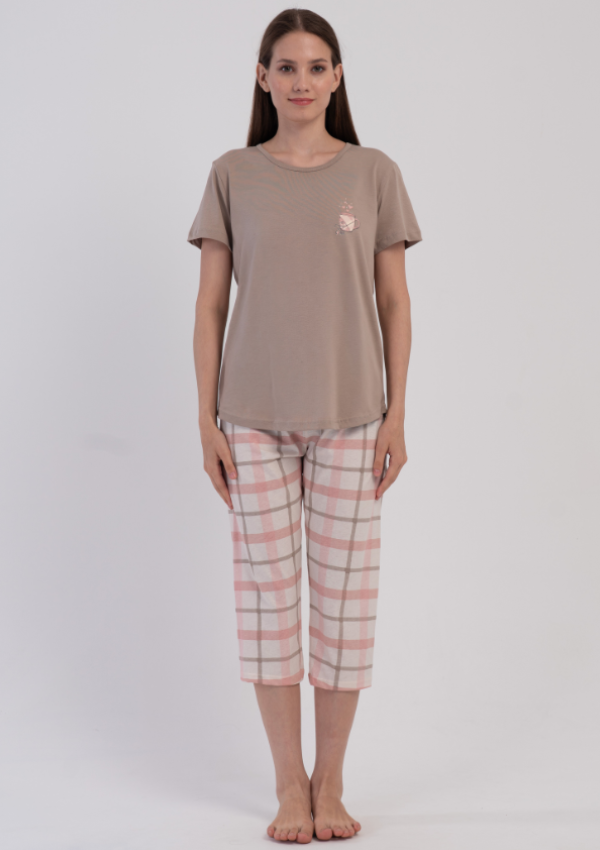 Piżama Damska Vienetta Plaid Coffee, Beżowy, r. M-XXL