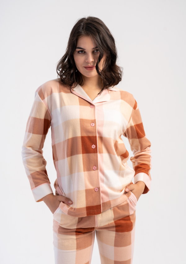 Piżama Damska Vienetta Cozy Plaid, Brzoskwiniowy, r. S-XL