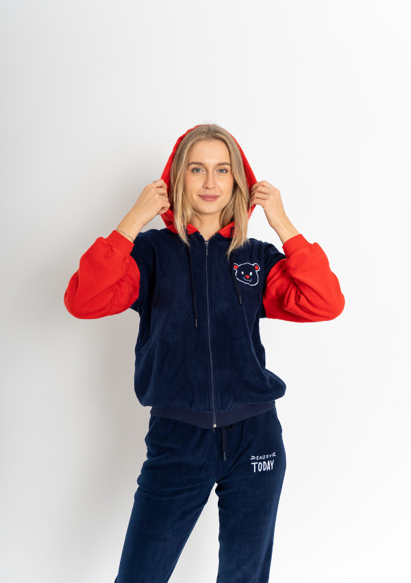 Piżama Damska Polarowa Vienetta Comfy Evening, granatowo-czerwona, r. S-XL