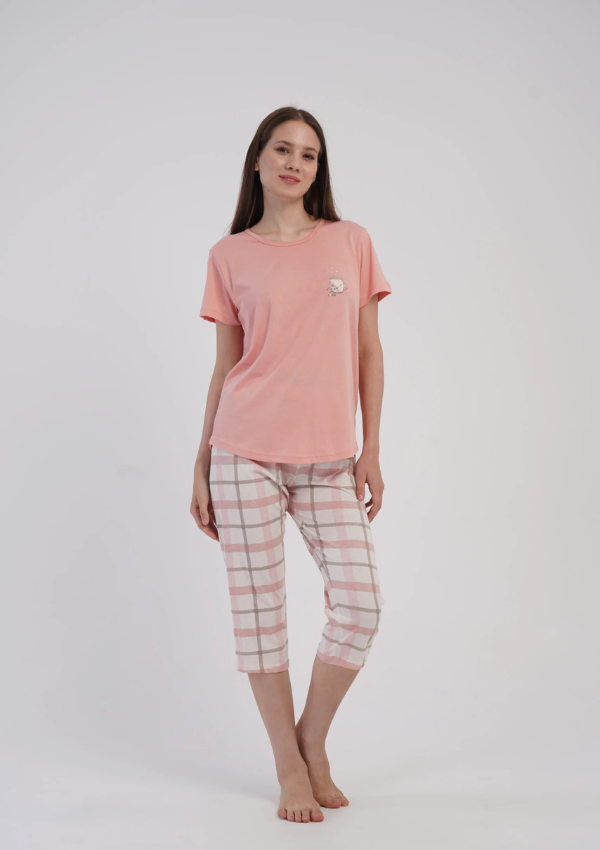 Piżama Damska Vienetta Plaid Coffee, Różowy, r. M-XXL