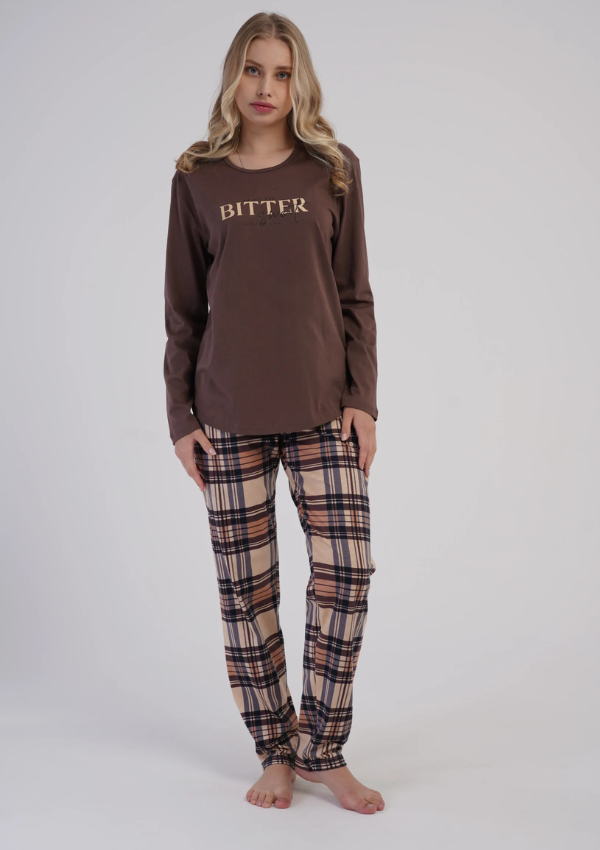 Piżama Damska Vienetta Cozy Check, Brązowy, r. S-XL