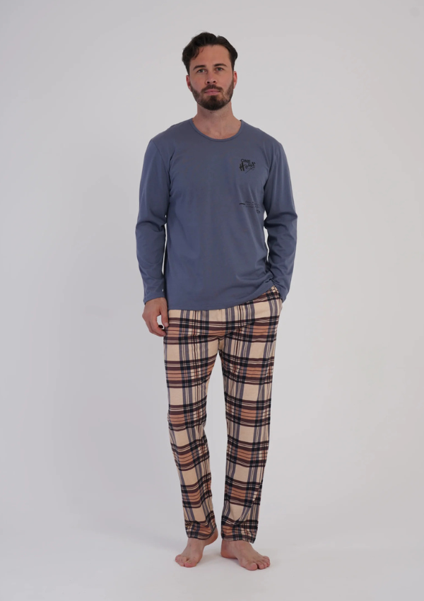 Piżama Męska Vienetta Navy Plaid Comfort, Niebieski, r. M-XXL
