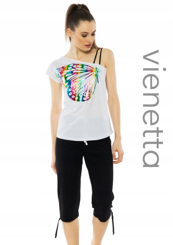 Piżama Damska Vienetta, Colorful Butterfly, Biała, r. S-XL