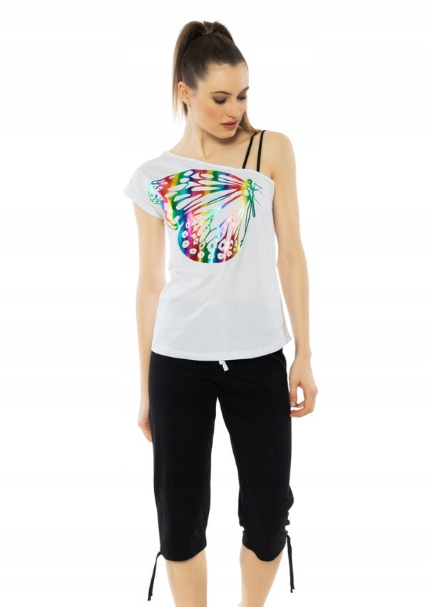 Piżama Damska Vienetta, Colorful Butterfly, Biała, r. S-XL