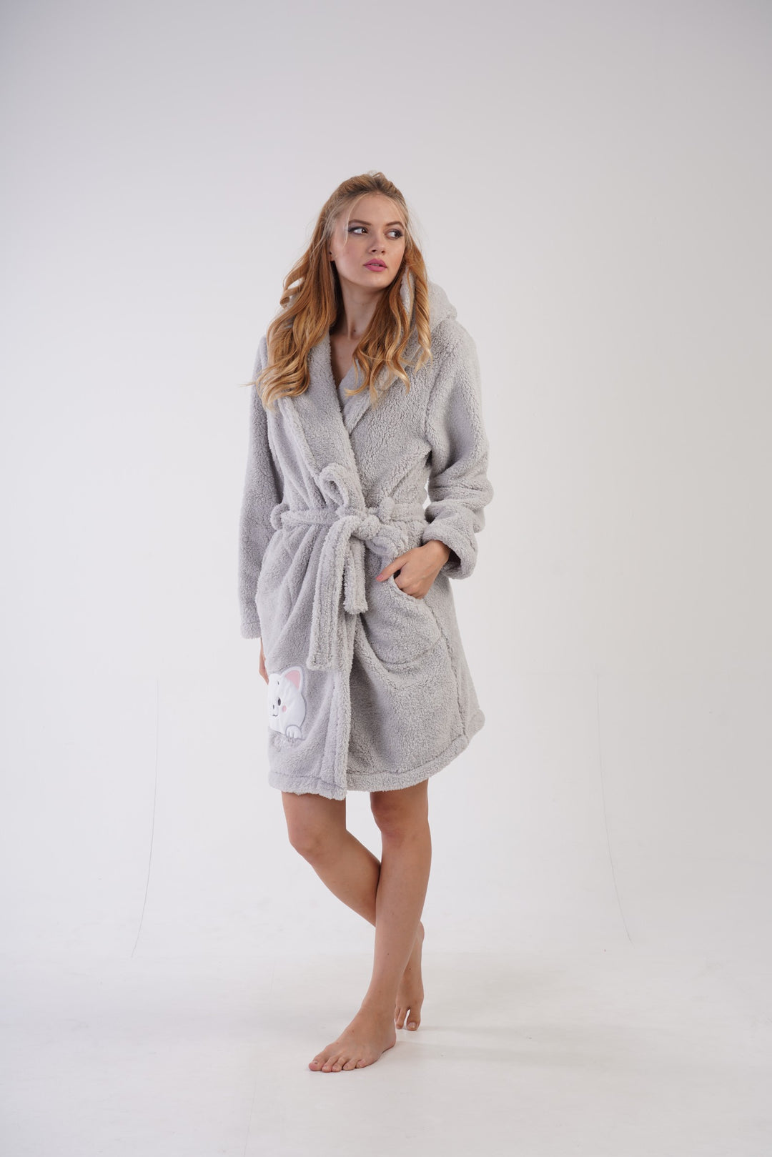 Szlafrok damski Softowy Vienetta, Cozy Kitty, Szary, r. S-L