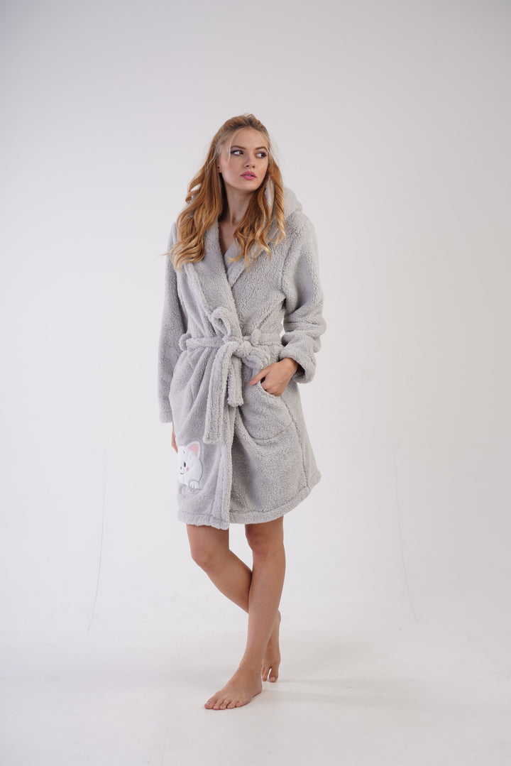 Szlafrok damski Softowy Vienetta, Cozy Kitty, Szary, r. S-L