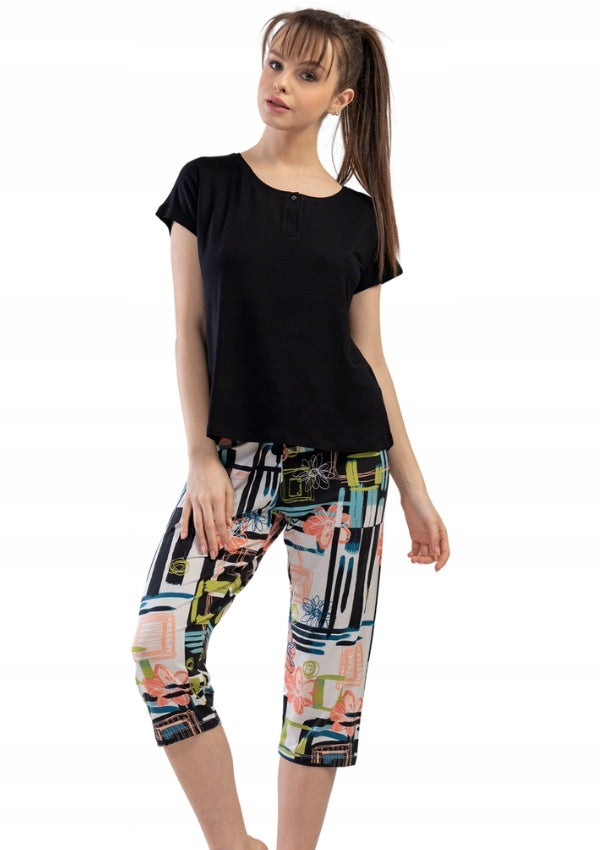 Piżama Damska Vienetta, Flower Patterns, Granatowa, r. M-XXL