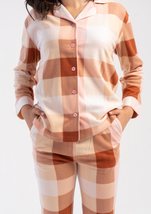 Piżama Damska Vienetta Cozy Plaid, Brzoskwiniowy, r. S-XL