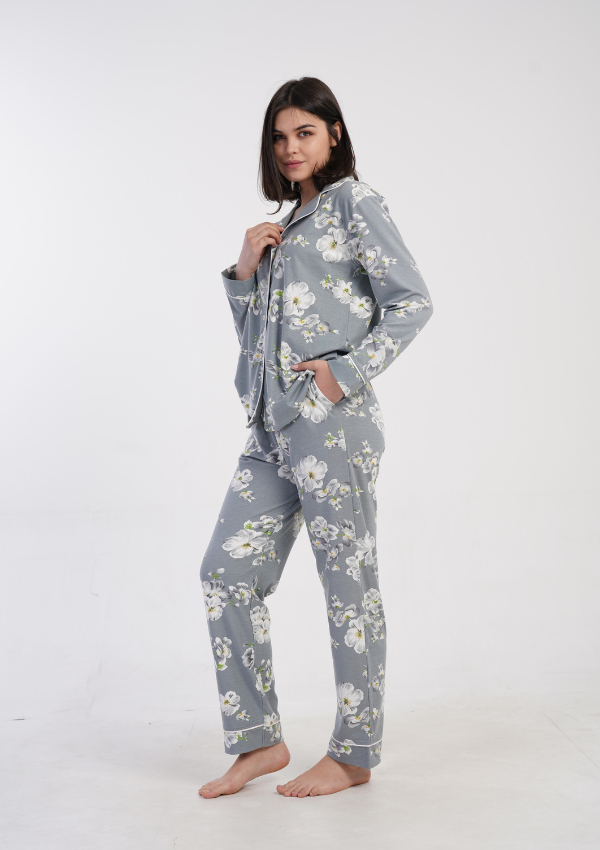 Piżama Damska Vienetta Soft Flowers, Szary, r. M-XXL