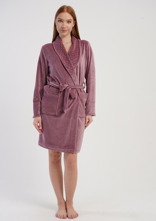 Szlafrok damski Welurowy Vienetta Royal Dots, Śliwkowy, r. M-XXL