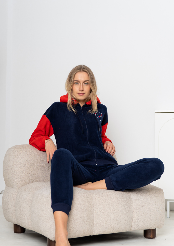 Piżama Damska Polarowa Vienetta Comfy Evening, granatowo-czerwona, r. S-XL