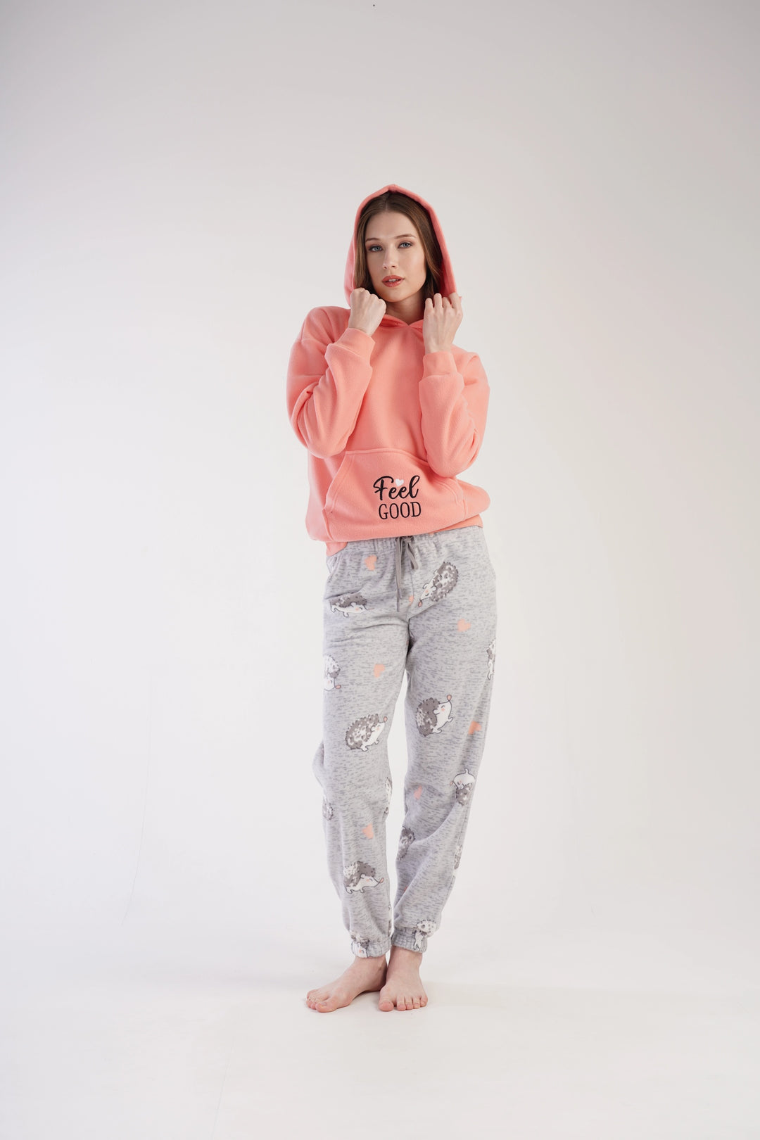 Piżama Damska Polarowa Vienetta Cuddly Hedgehog, brzoskwiniowo-szara, r. S-XL image 4