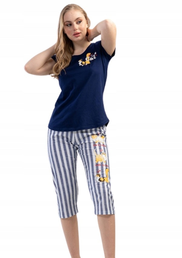 Piżama Damska Vienetta, Cute Cat, Granatowy, r. S-XL