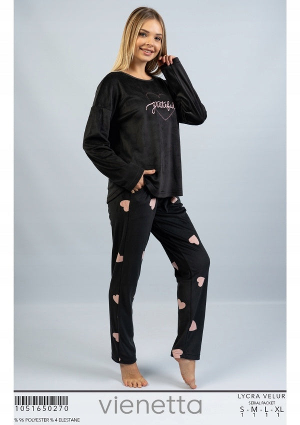 Piżama Damska Vienetta, Grateful Hearts, Czarna, r. S-XL