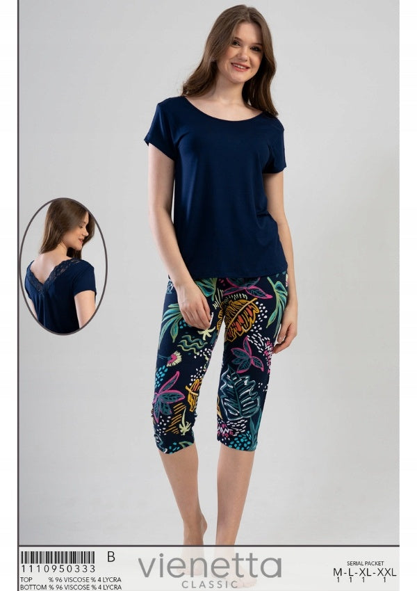 Piżama Damska Vienetta, Flower Night, Granatowa, r. M-XXL