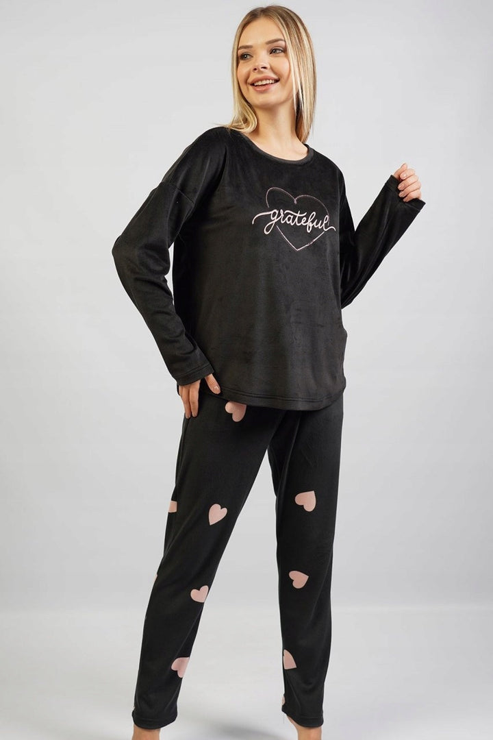 Piżama Damska Vienetta, Grateful Hearts, Czarna, r. S-XL