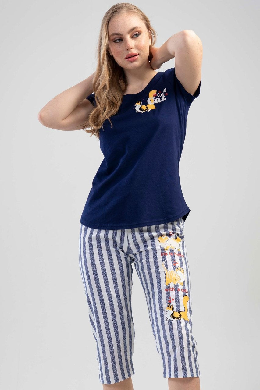 Piżama Damska Vienetta, Cute Cat, Granatowy, r. S-XL image 2