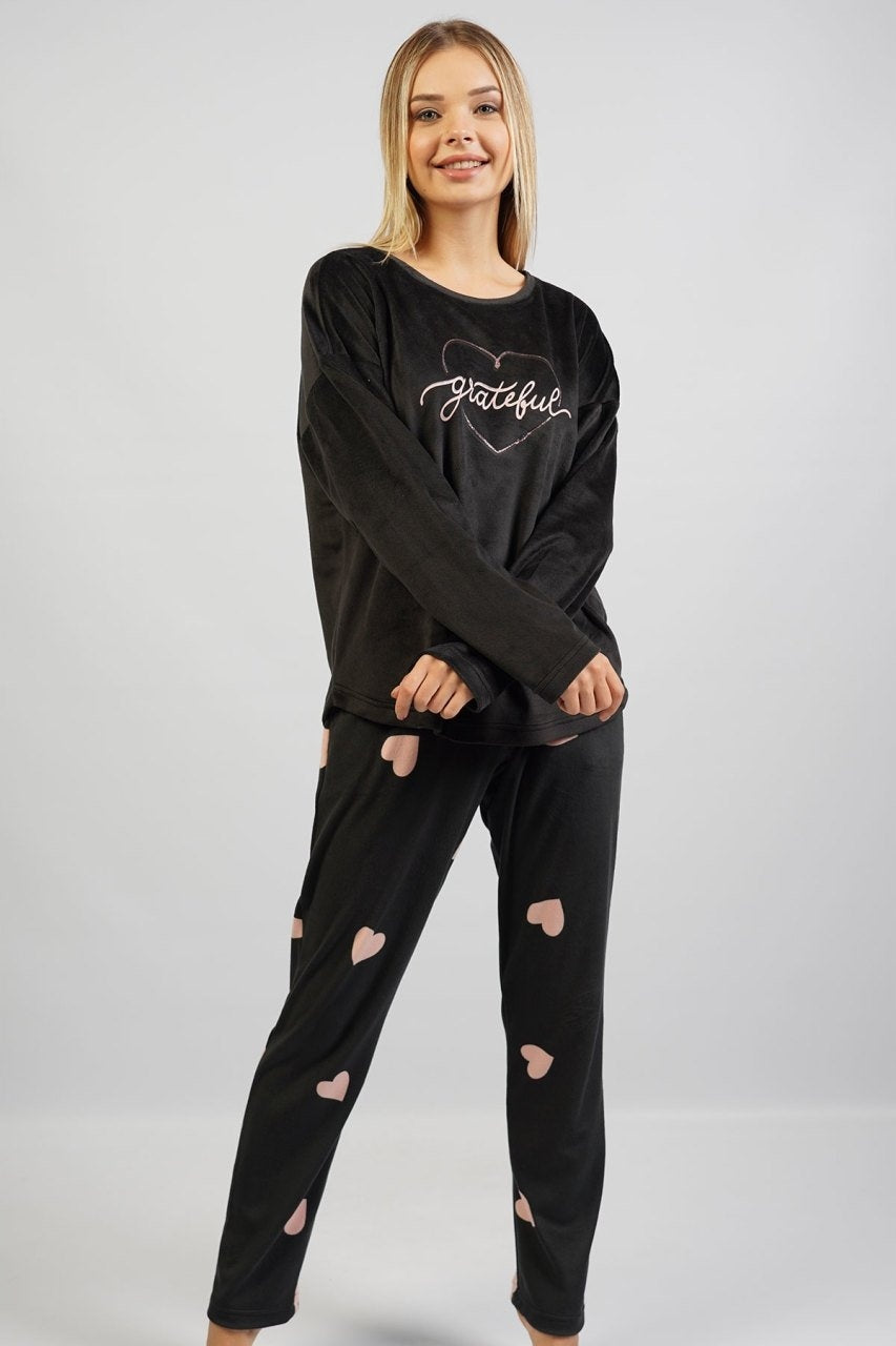 Piżama Damska Vienetta, Grateful Hearts, Czarna, r. S-XL