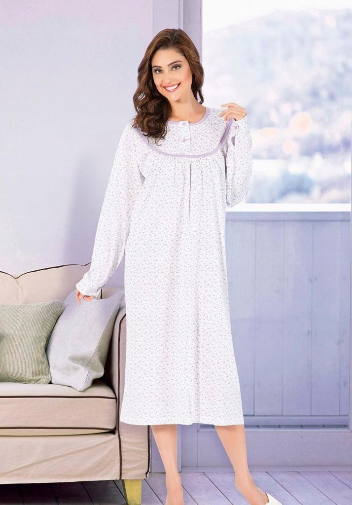 Koszula Nocna Vienetta, Purple Flowers, Biała, r. L-XXXL