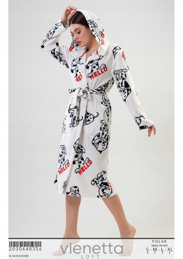 Szlafrok damski Vienetta, Hello Dogs, Biała, r. S-XL