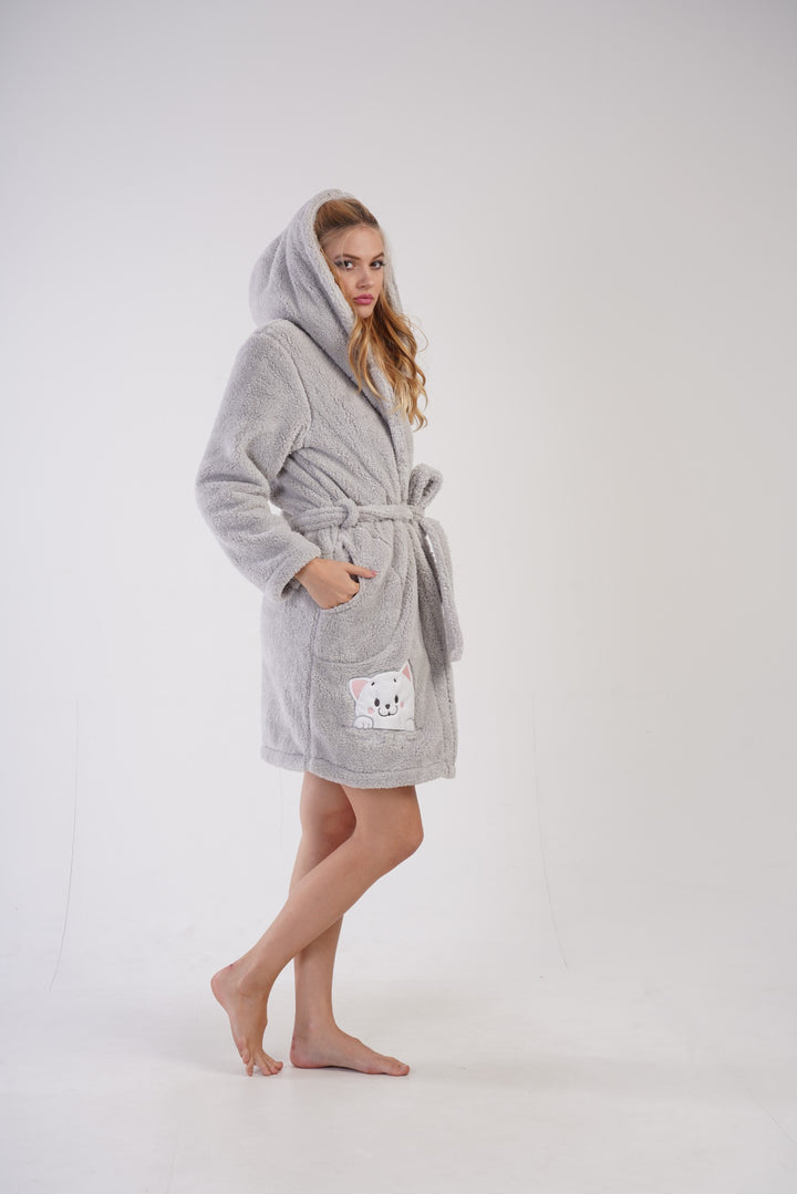 Szlafrok damski Softowy Vienetta, Cozy Kitty, Szary, r. S-L