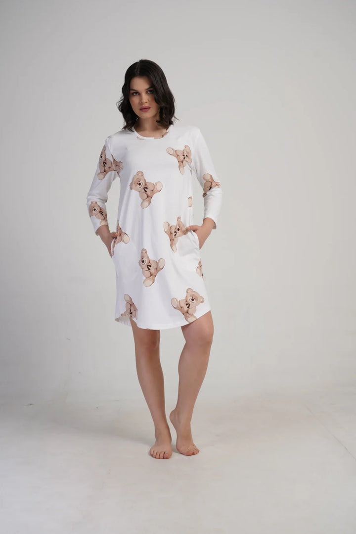 Koszula Nocna Damska Vienetta, Bear Dreams, Biały, r. M - XXL