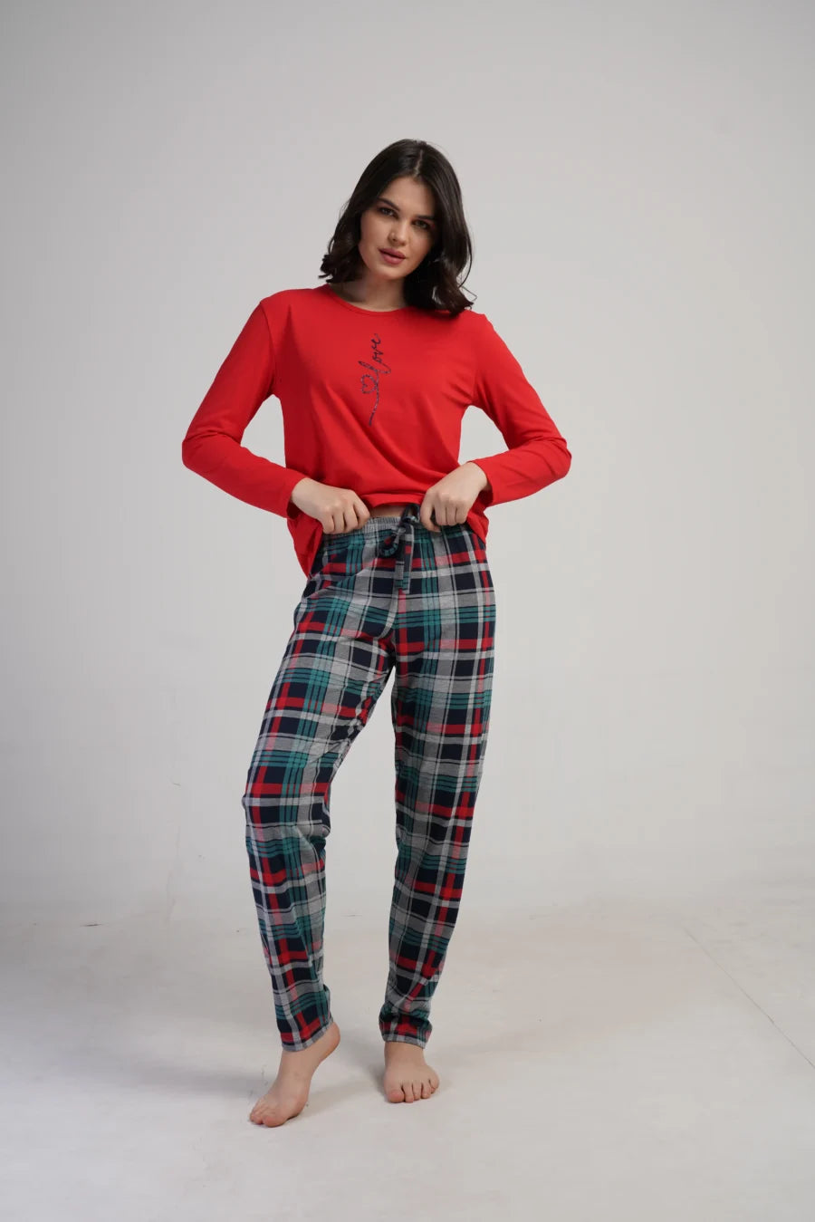 Piżama Damska Vienetta Plaid Love, Czerwony, r. S-XL