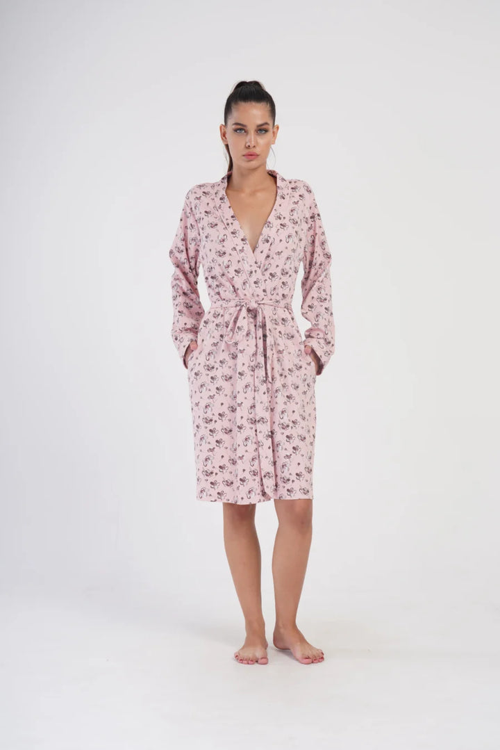 Szlafrok damski Interlock Pink Garden, Różowy, r. S-XL