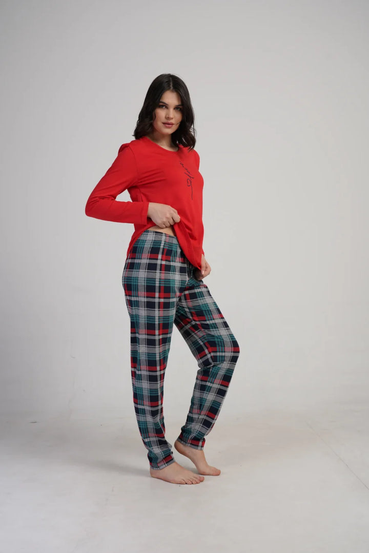 Piżama Damska Vienetta Plaid Love, Czerwony, r. S-XL