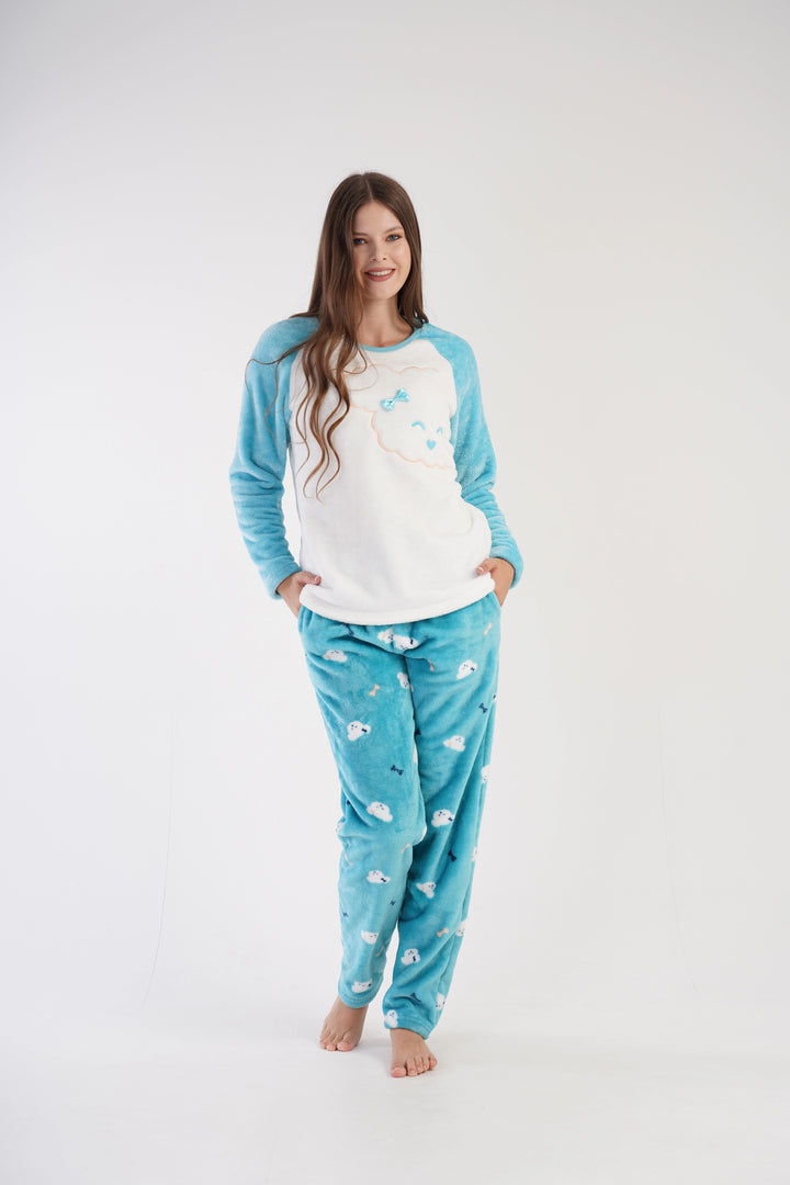 Piżama Damska Softowa Vienetta Fluffy Dreamwear Blue, biało-niebieska, r. S-XL