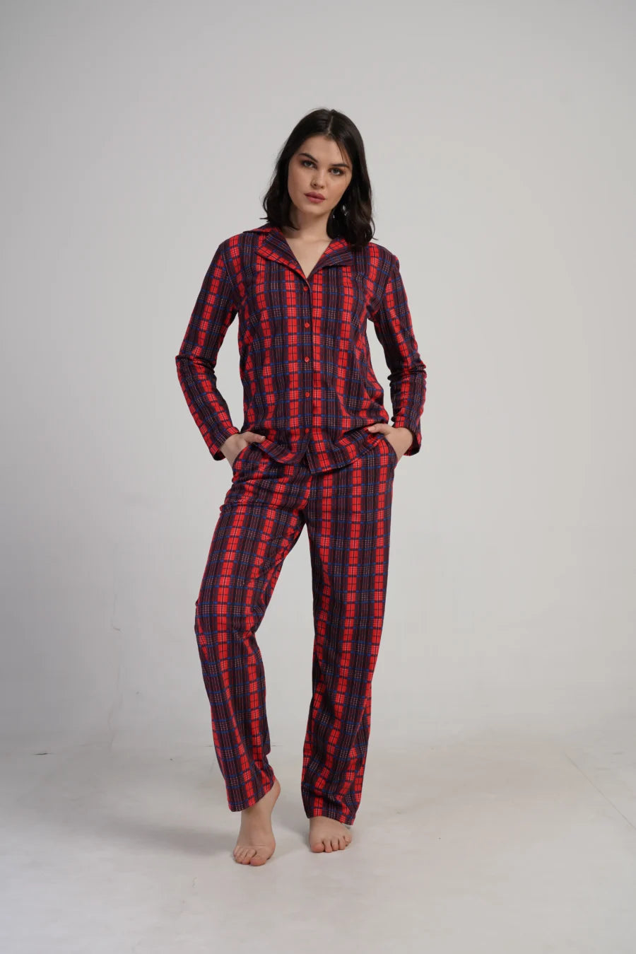 Piżama Damska Vienetta Plaid Comfort, Czerwony, r. S-XL