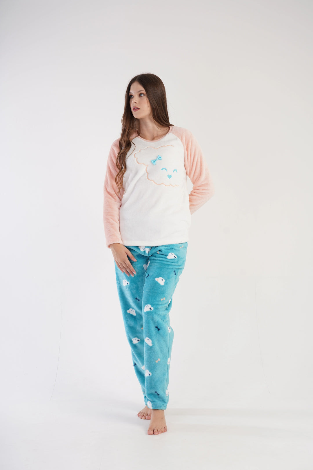 Piżama Damska Softowa Vienetta Fluffy Dreamwear, biało-niebieska, r. S-XL