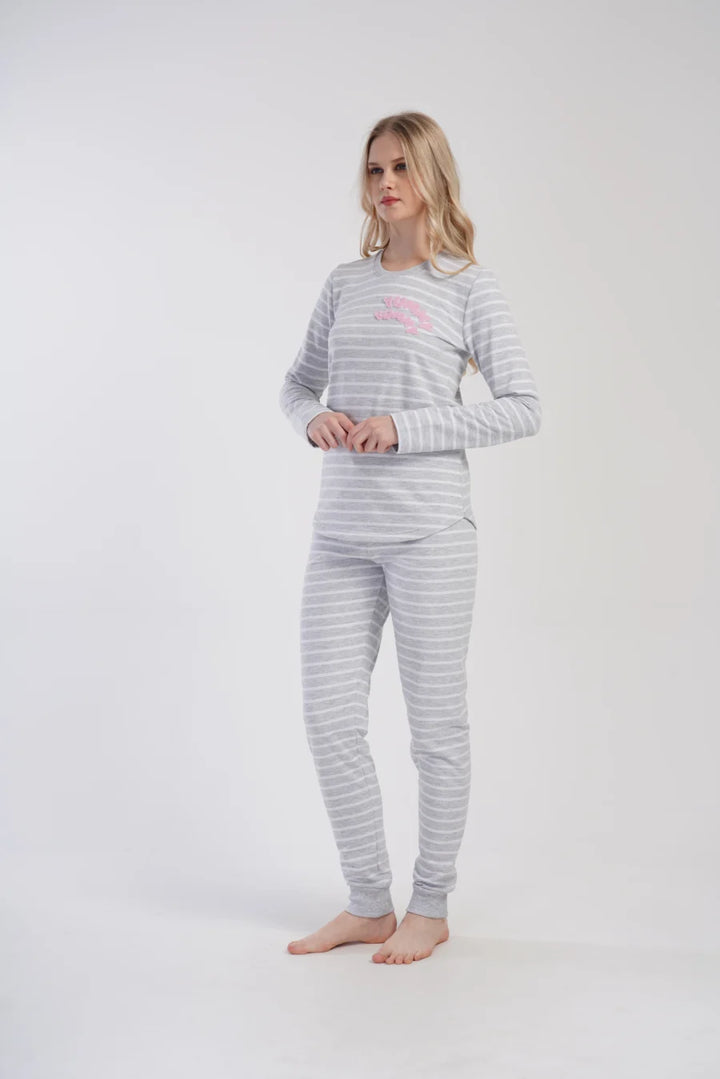 Piżama Damska Vienetta Cozy Stripes, Szara, r. S-XL