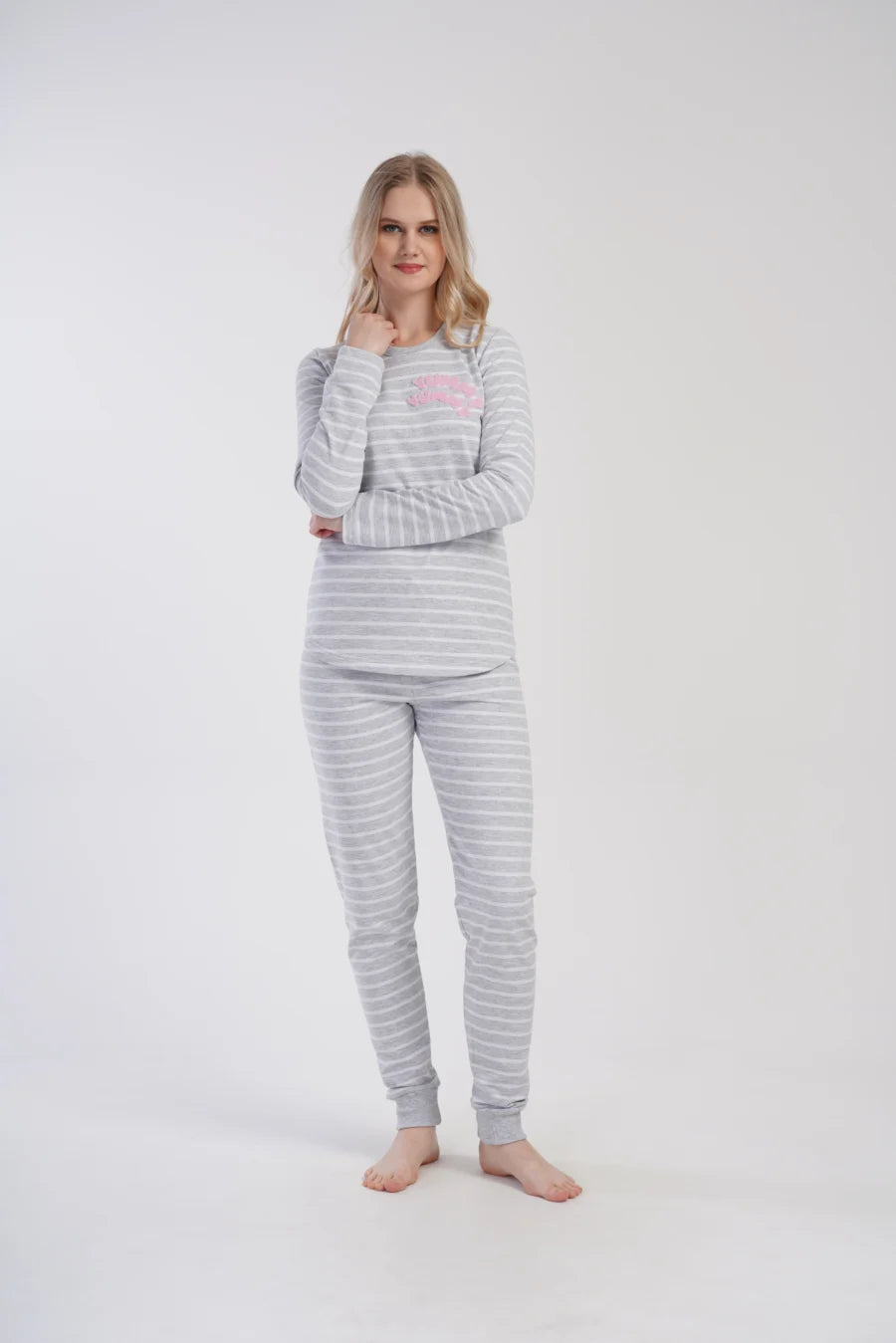 Piżama Damska Vienetta Cozy Stripes, Szara, r. S-XL