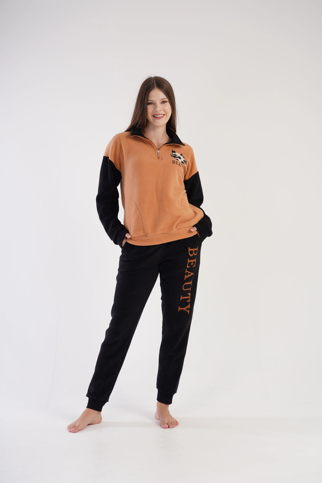 Piżama Damska Polarowa Vienetta Embrace, brązowo-czarna, r. S-XL