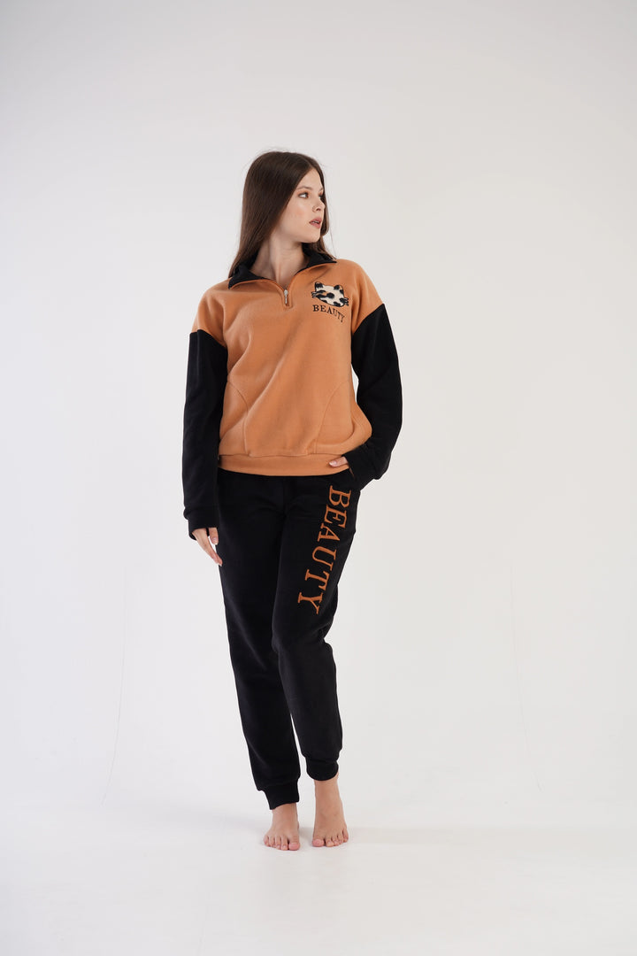 Piżama Damska Polarowa Vienetta Embrace, brązowo-czarna, r. S-XL