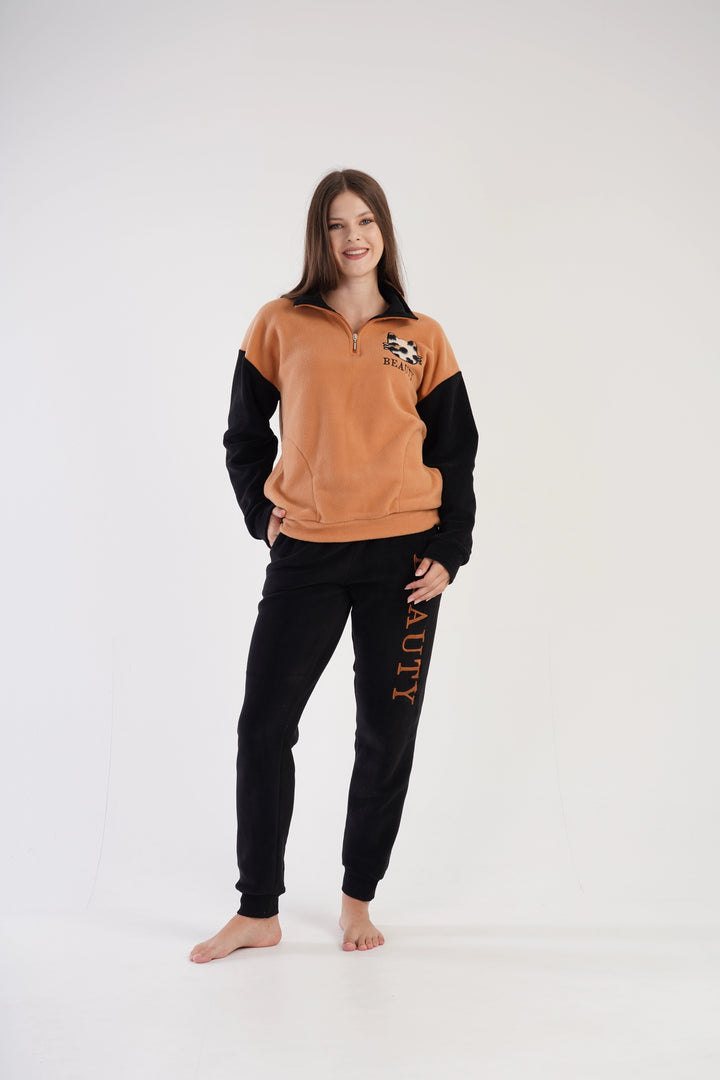 Piżama Damska Polarowa Vienetta Embrace, brązowo-czarna, r. S-XL