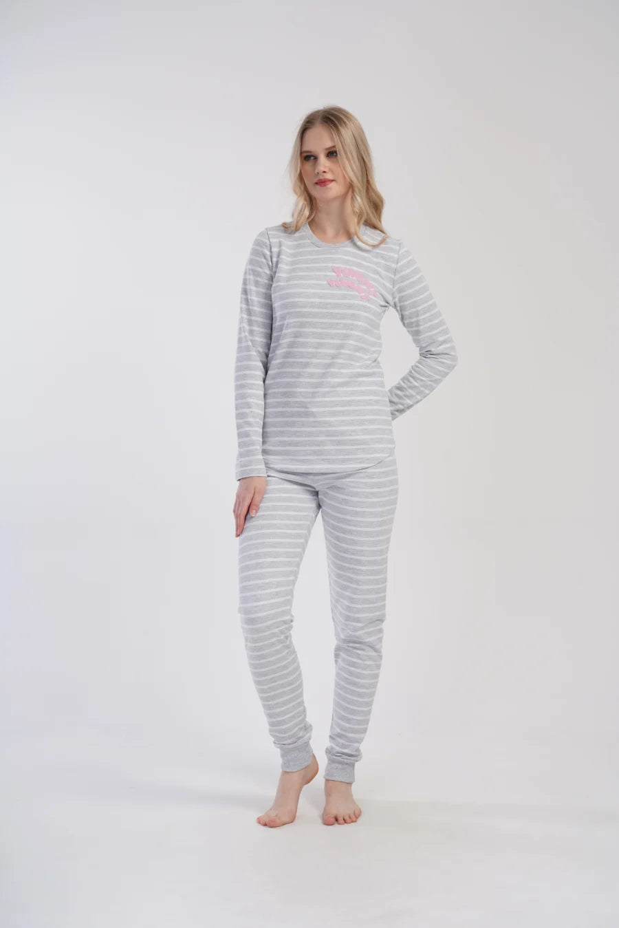 Piżama Damska Vienetta Cozy Stripes, Szara, r. S-XL