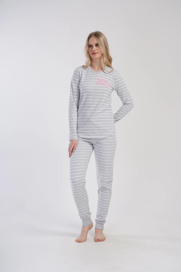 Piżama Damska Vienetta Cozy Stripes, Szara, r. S-XL