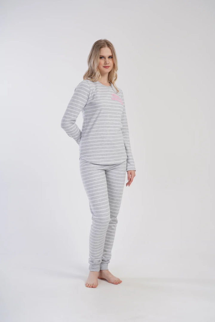 Piżama Damska Vienetta Cozy Stripes, Szara, r. S-XL