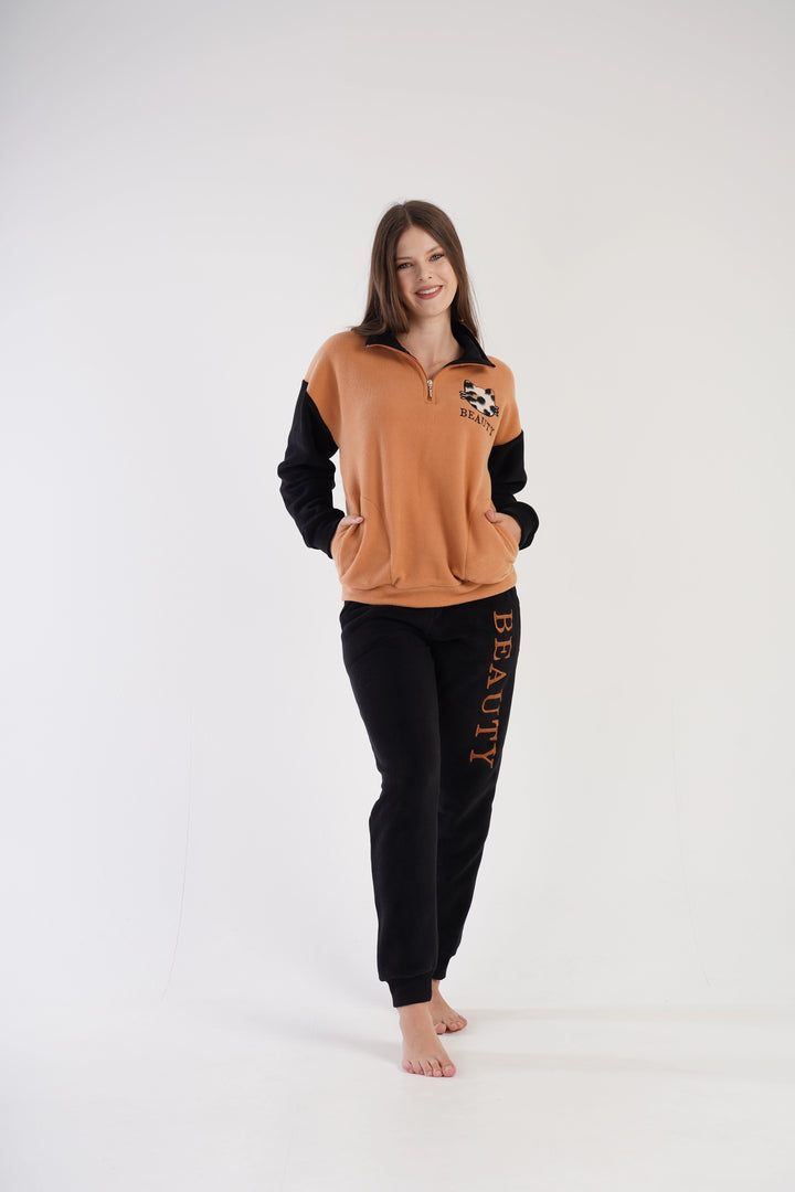 Piżama Damska Polarowa Vienetta Embrace, brązowo-czarna, r. S-XL