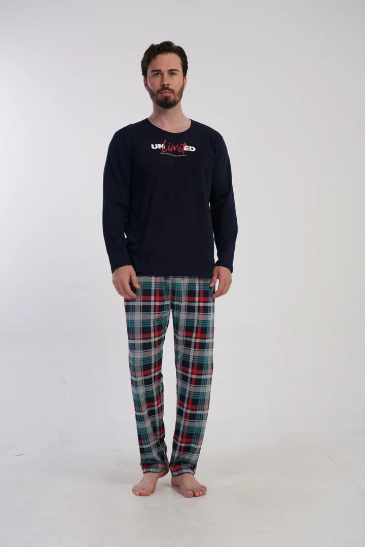 Piżama Męska Vienetta Navy Check, Granatowy, r. M-XXL
