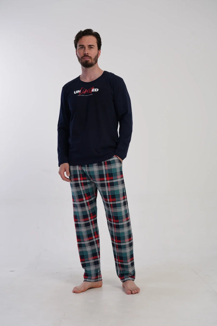 Piżama Męska Vienetta Navy Check, Granatowy, r. M-XXL