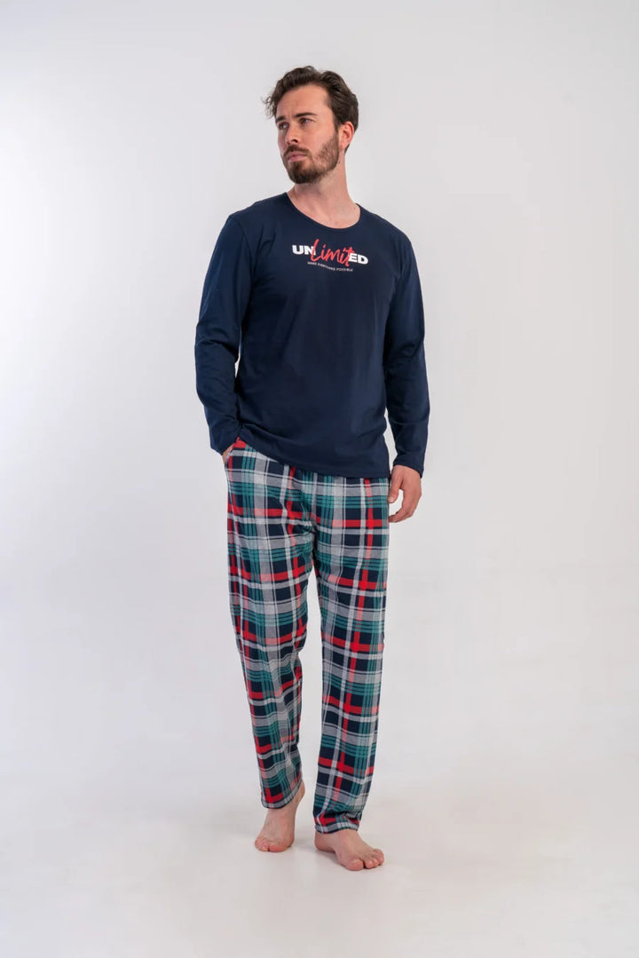 Piżama Męska Vienetta Navy Check, Granatowy, r. M-XXL